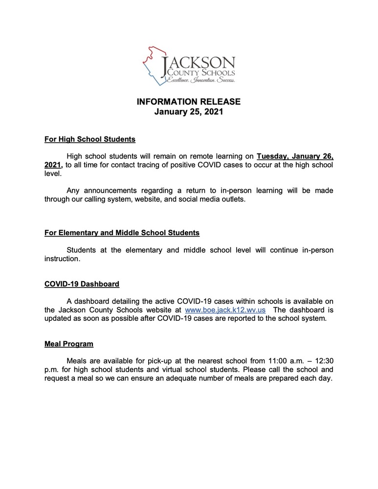 INFORMATION RELEASE - January 25 2021 - High School Announcement