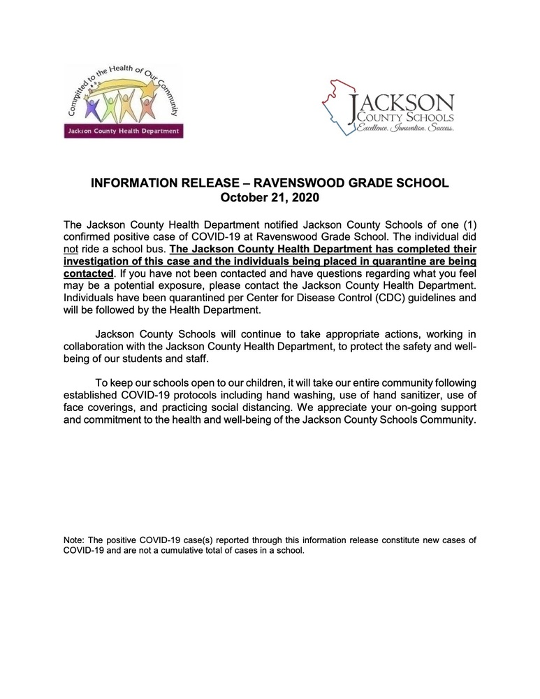 INFORMATION RELEASE – RAVENSWOOD GRADE SCHOOL October 21, 2020