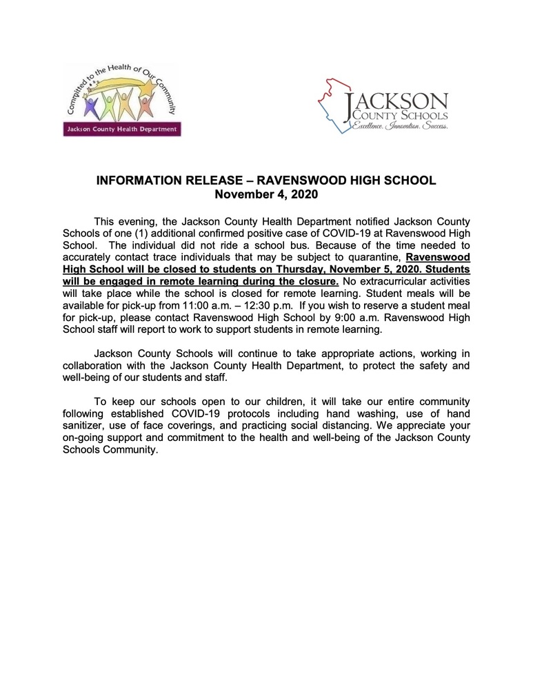 INFORMATION RELEASE – RAVENSWOOD HIGH SCHOOL November 4, 2020