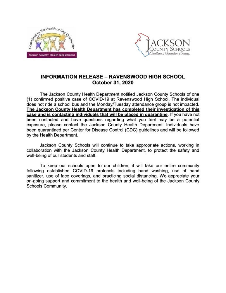 INFORMATION RELEASE – RAVENSWOOD HIGH SCHOOL October 31, 2020