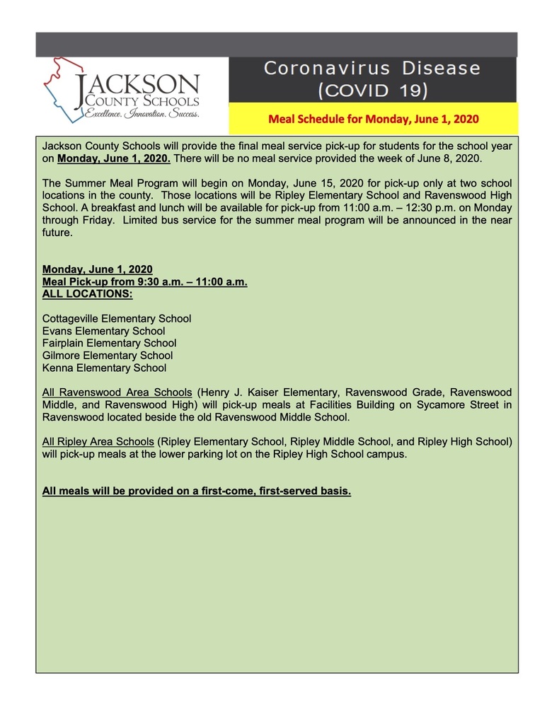 Meal Plan Update for Monday, June 1, 2020