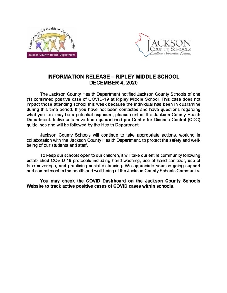 INFORMATION RELEASE – RIPLEY MIDDLE SCHOOL DECEMBER 4, 2020