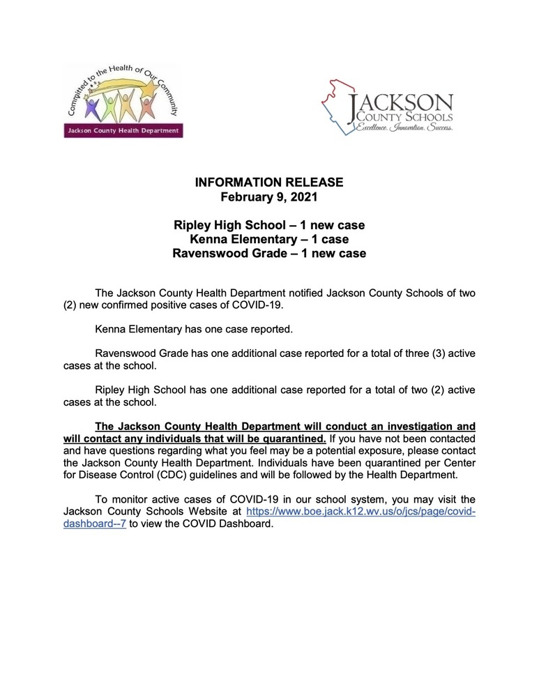 Information Release - February  9, 2021 - Ripley High, Kenna Elem and Ravenswood Grade