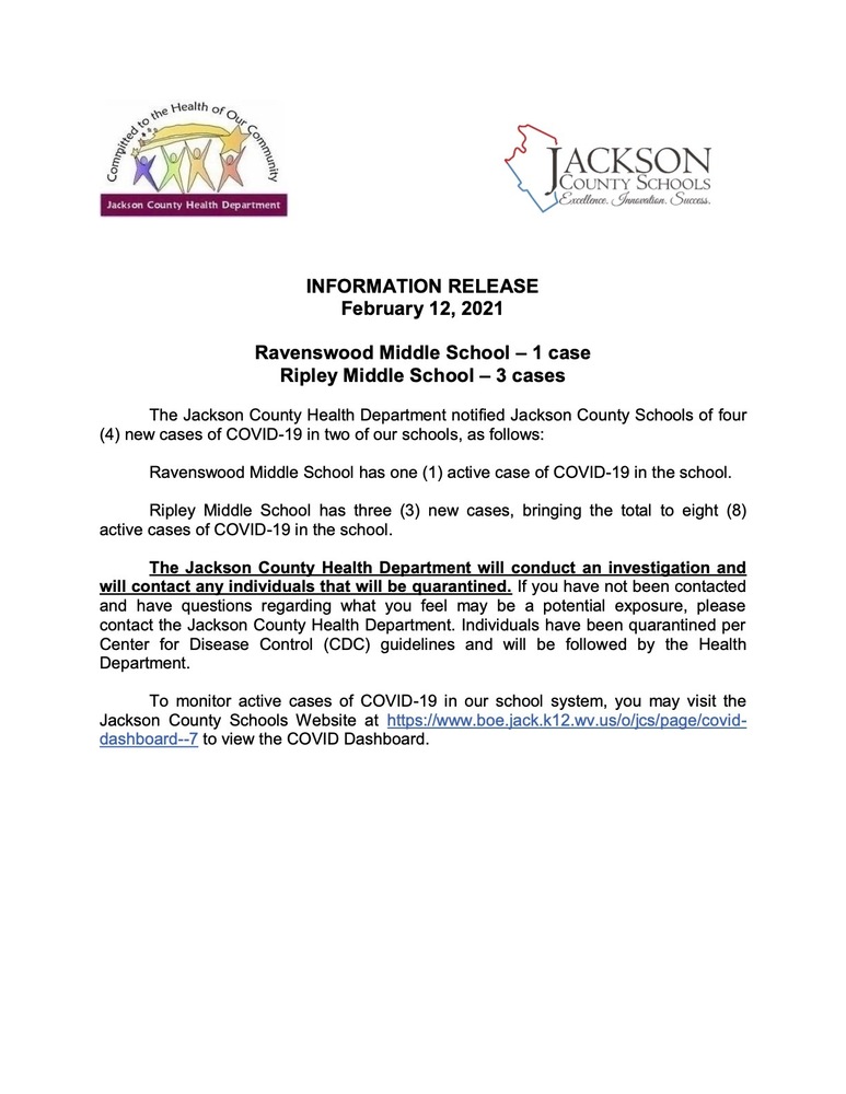 Information Release - February  12, 2021 - Ravenswood Middle and Ripley Middle