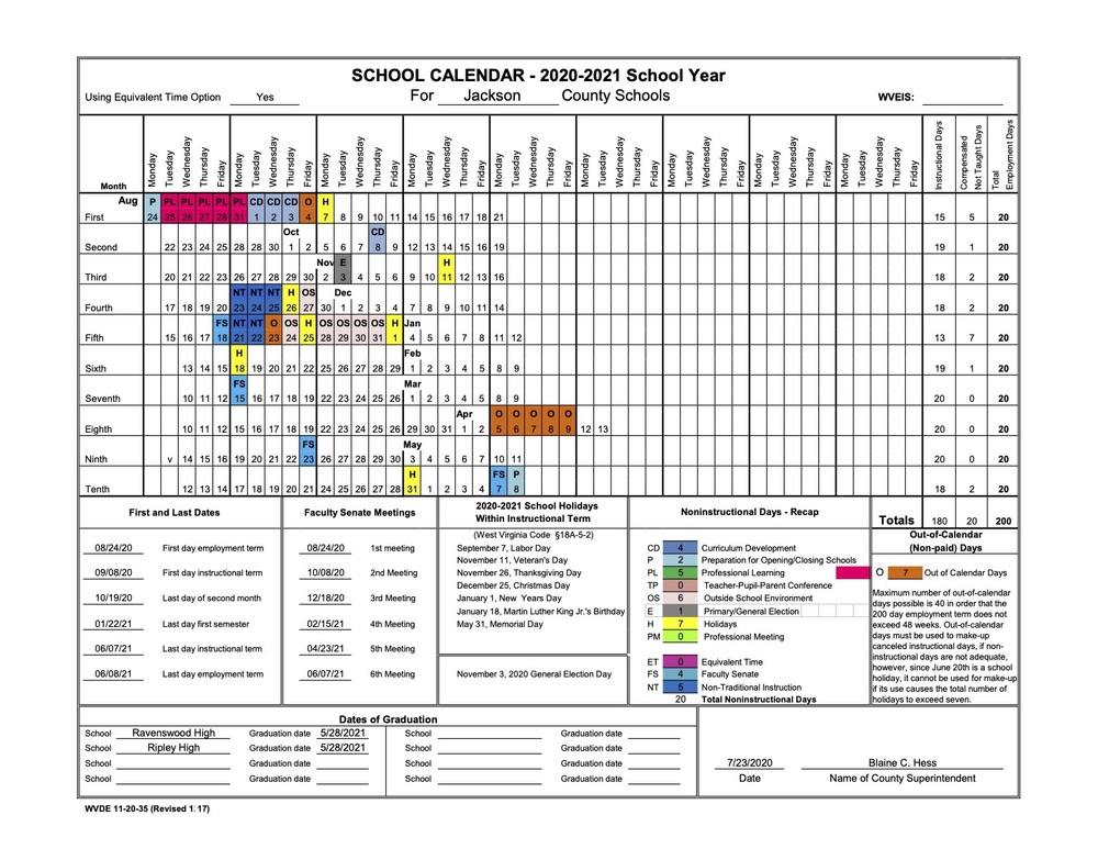 REVISED SCHOOL CALENDAR APPROVED (July 23,2020)
