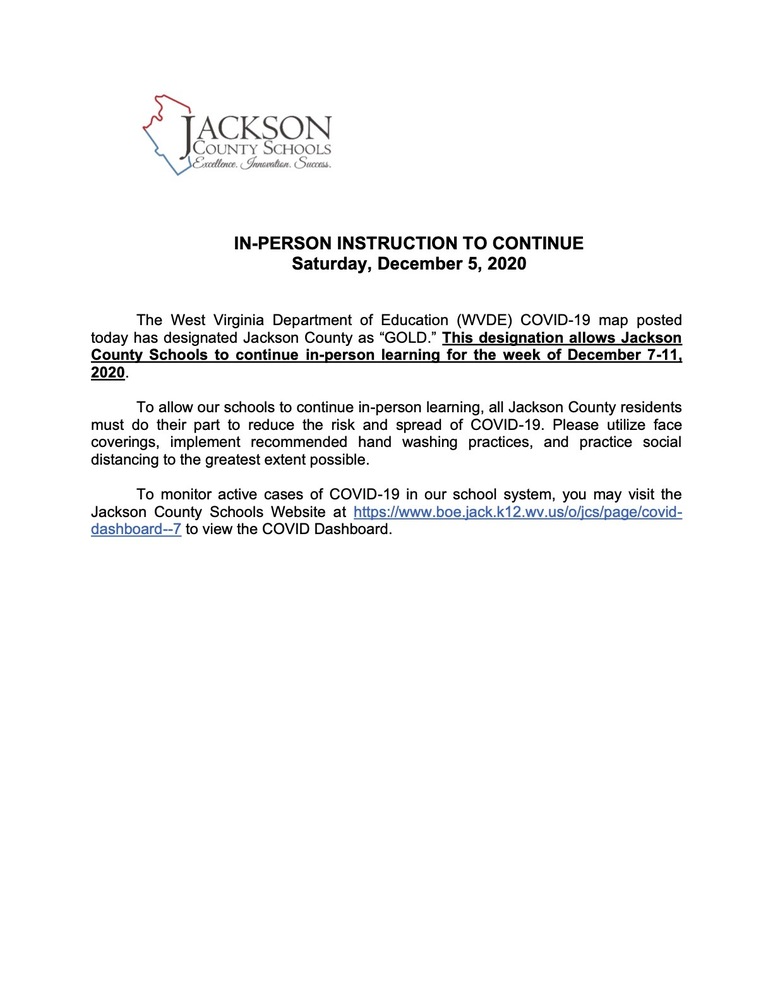 IN-PERSON INSTRUCTION TO CONTINUE Saturday, December 5, 2020