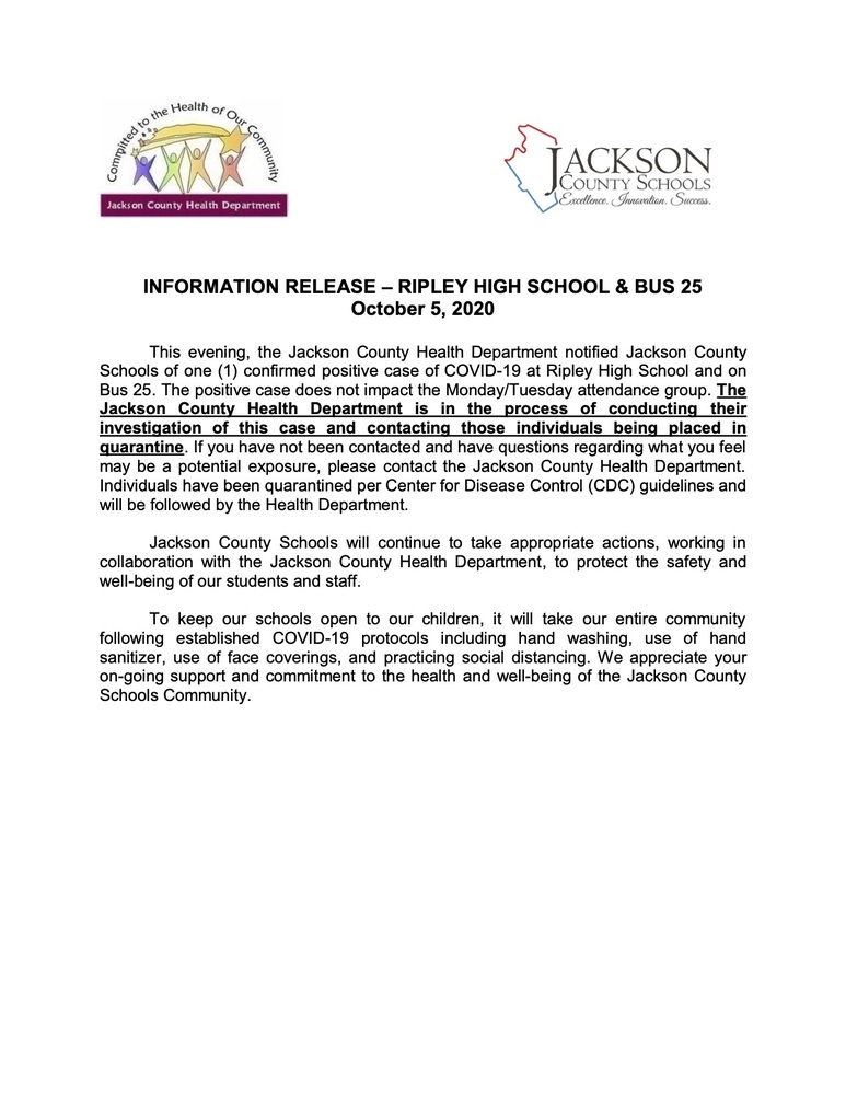 INFORMATION RELEASE – RIPLEY HIGH SCHOOL & BUS 25