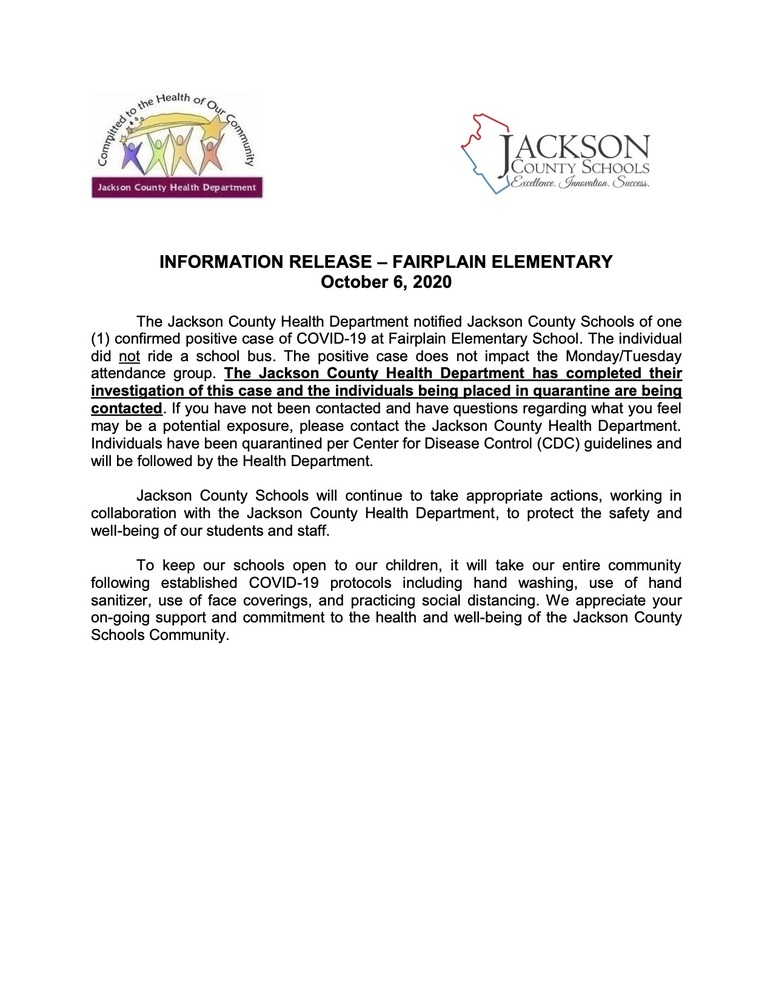 INFORMATION RELEASE – FAIRPLAIN ELEMENTARY SCHOOL OCT. 6, 2020