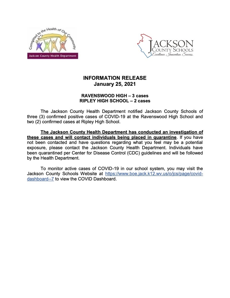 Information Release - January 25, 2021 - Ravenswood and Ripley High Schools