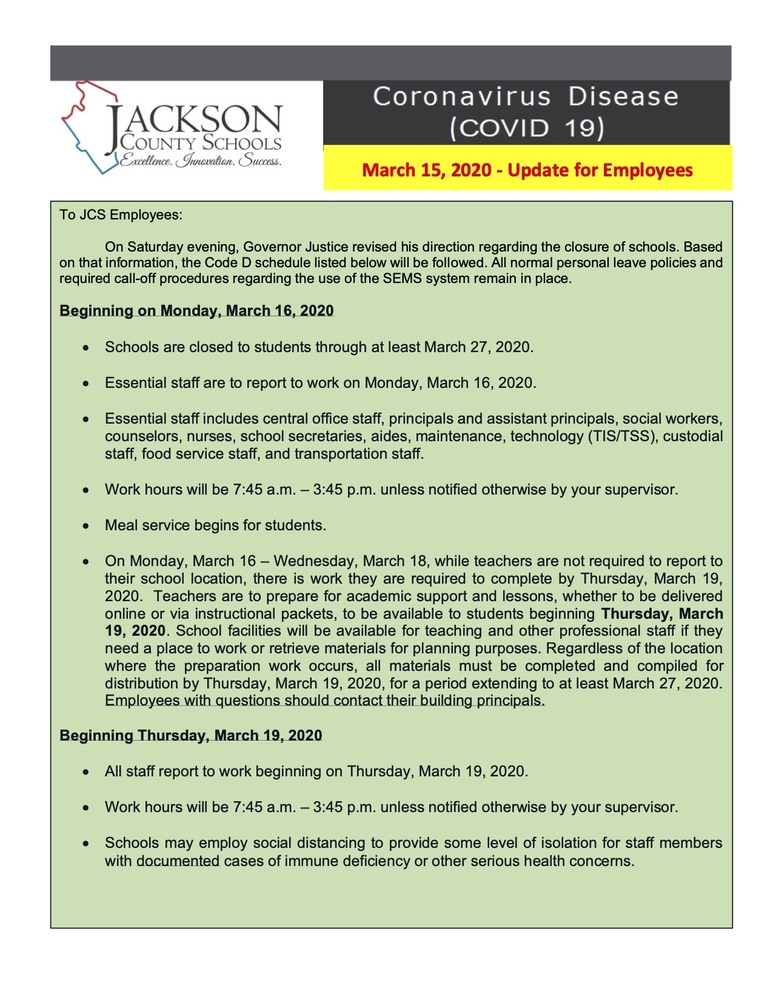 IMPORTANT - JCS STAFF Update 3-15-20 (6:10 pm)