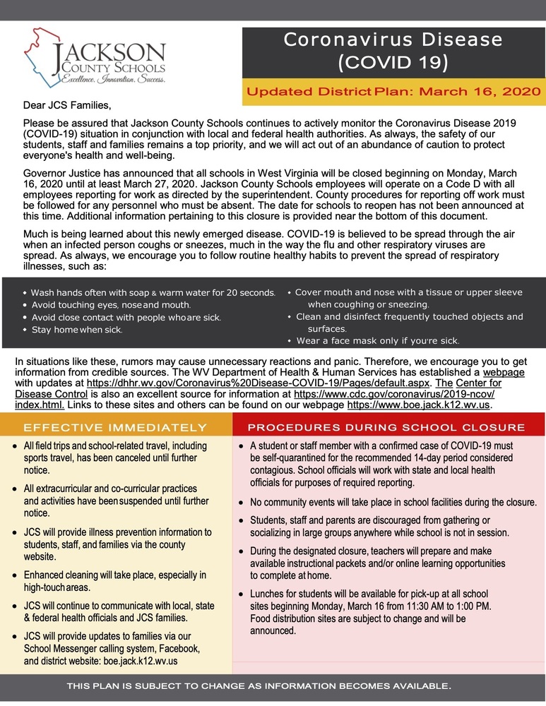 IMPORTANT - Coronavirus District Plan UPDATED 3-16-20 (9:20 am)