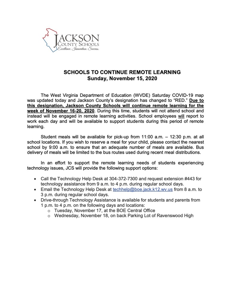 SCHOOLS TO CONTINUE REMOTE LEARNING Sunday, November 15, 2020