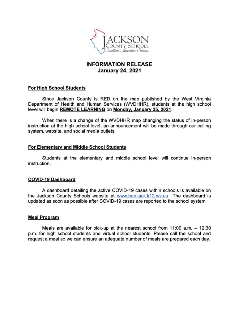 INFORMATION RELEASE - January 24, 2021 - Status of In-Person Learning