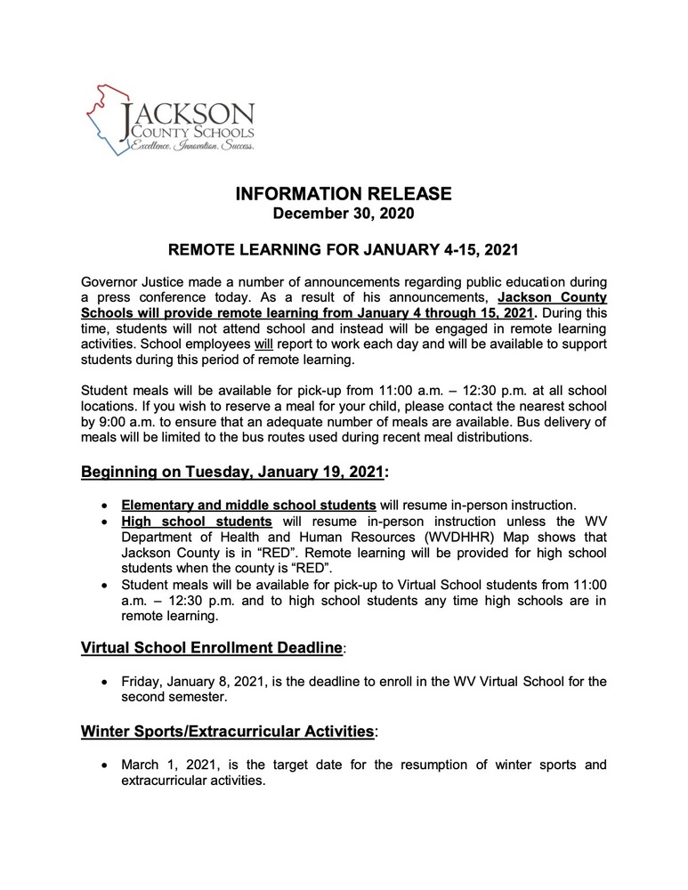 INFORMATION RELEASE December 30, 2020