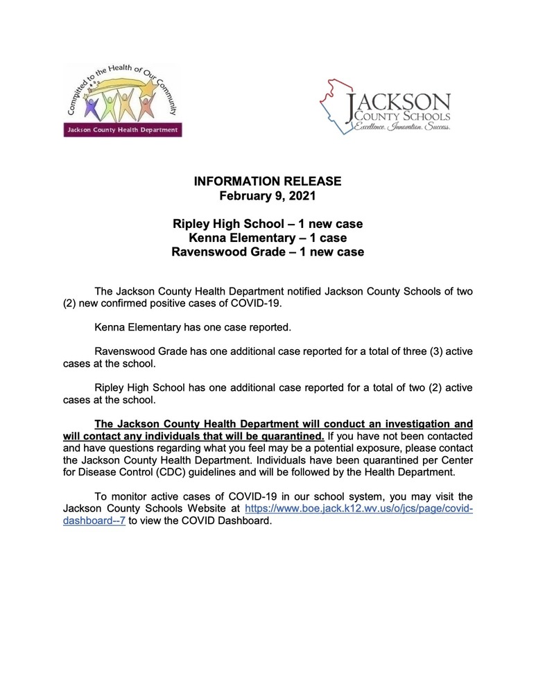 Information Release - February 9, 2021 - Ripley High, Kenna Elem and Ravenswood Grade