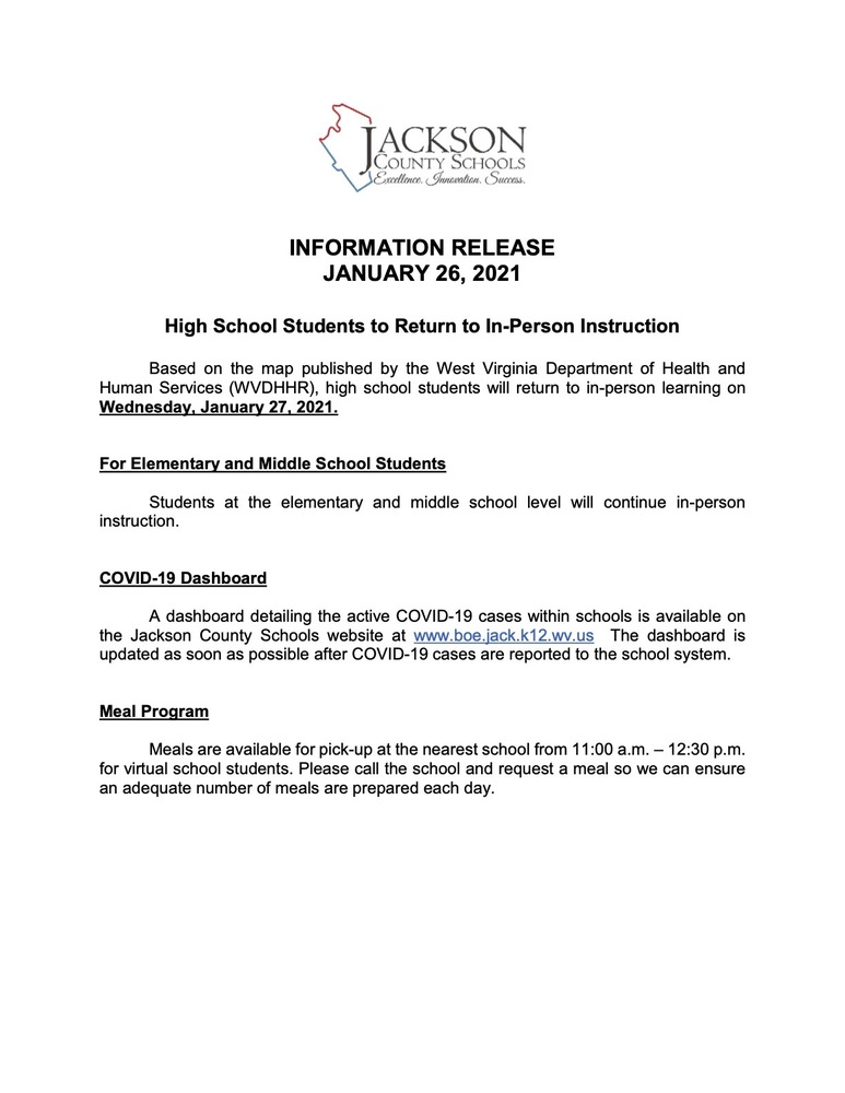 INFORMATION RELEASE - January 26, 2021 - High School In-Person Resumes
