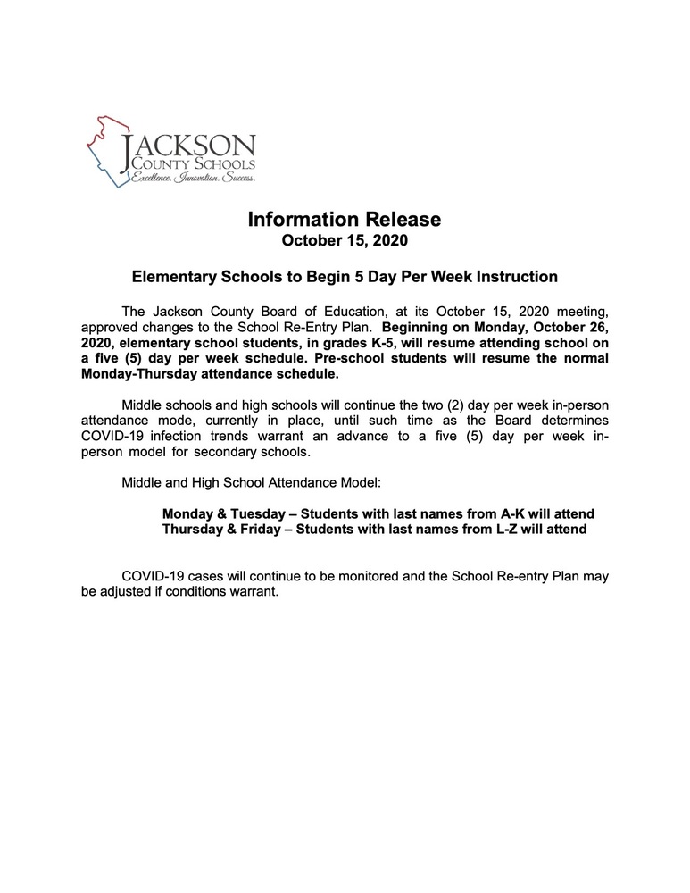 Information Release October 15, 2020