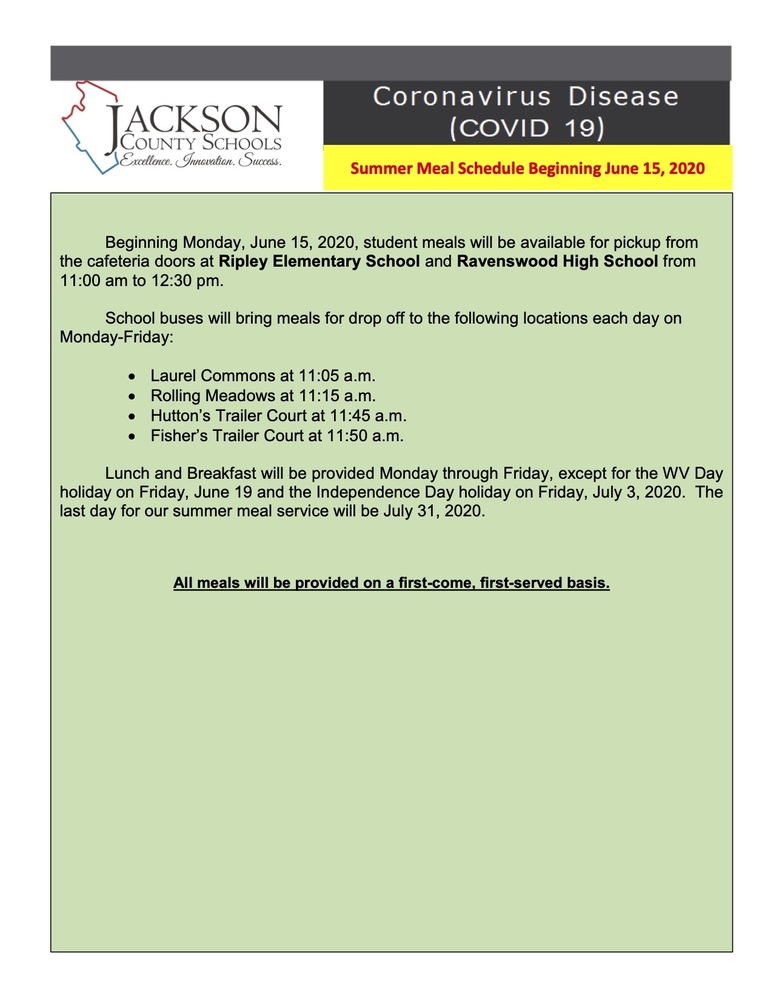 Summer Meal Update Beginning June 15, 2020