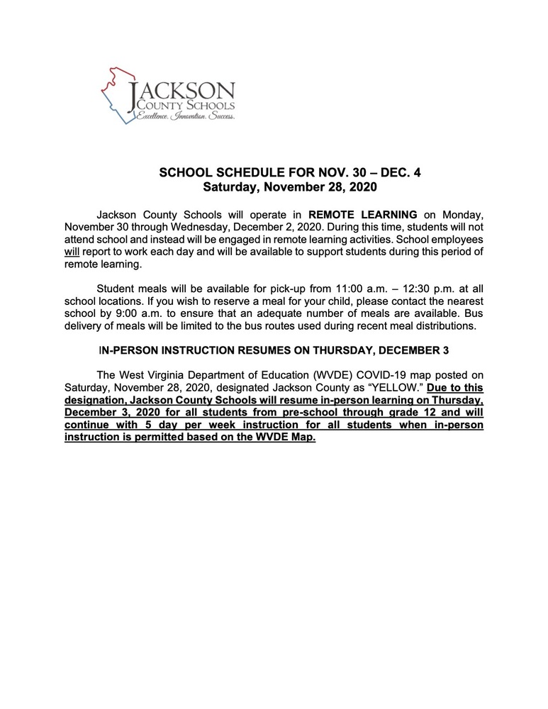 SCHOOL SCHEDULE FOR NOV. 30 – DEC. 4 Saturday, November 28, 2020