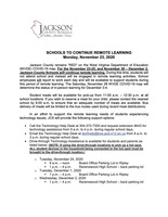SCHOOLS TO CONTINUE REMOTE LEARNING Monday, November 23, 2020